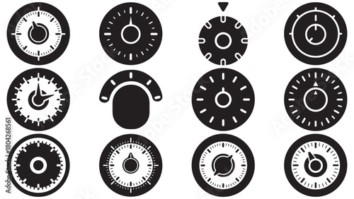 Minimalist black silhouette of a circular bank safe dial or vault combination lock, vector icon for financial security and money protection concepts