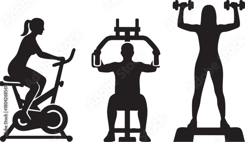 Gym workout silhouettes with exercise machines and dumbbells