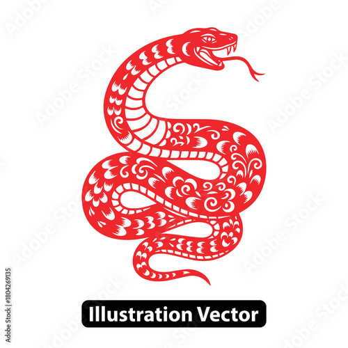 Red Chinese Zodiac Snake Paper Cut Art Illustration of a Mythical Creature
