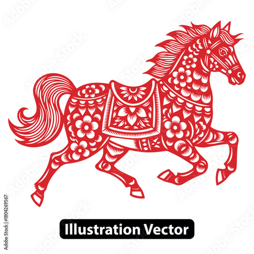 Red Chinese zodiac horse illustration in traditional paper cut style with floral patterns