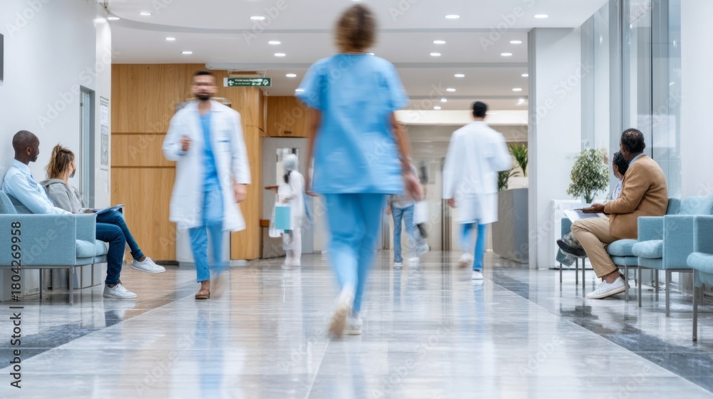 Fototapeta premium A vibrant corridor filled with medical staff moving swiftly between rooms, while visitors sit in comfortable chairs, creating a bustling yet caring atmosphere in the health clinic