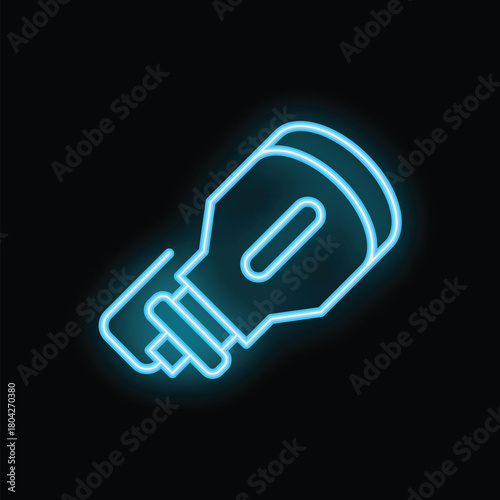 Blue neon icon of a flashlight shining its beam on a black background