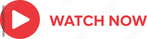Red play button icon with watch now text on a white background