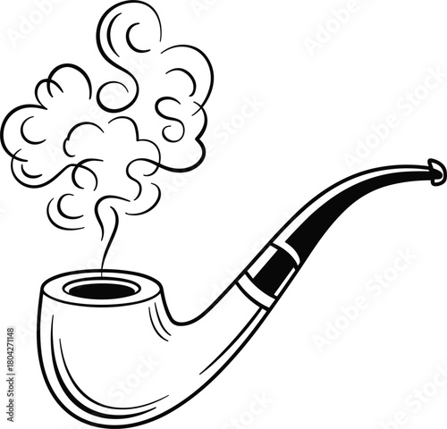 Black and White Illustration of a Smoking Pipe with Swirling Smoke tobacco pipe smoking