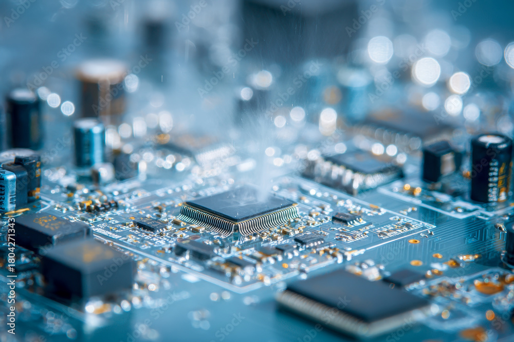 Fototapeta premium Electronic circuit board featuring a central microchip emitting visible heat vapor with surrounding components and intricate blue circuitry patterns