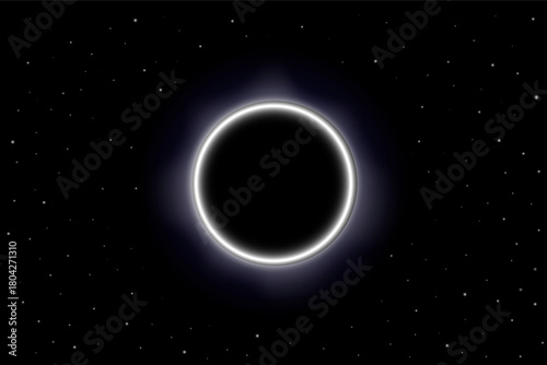 Abstract illustration of a black hole or solar eclipse in outer space with glowing corona ring and deep star filled cosmic background