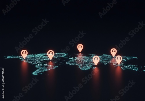 Digital map with glowing location markers indicating popular destinations and user interactions, emphasizing community exploration and discovery ,location ,technology ,map