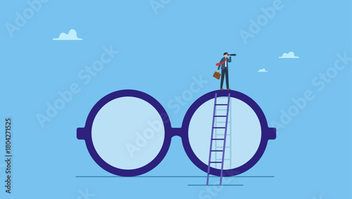 Businessman climb up big eyeglasses see vision on telescope. Clear business vision, clarity or transparency, discover way to success or looking for business opportunity, precision or accuracy.