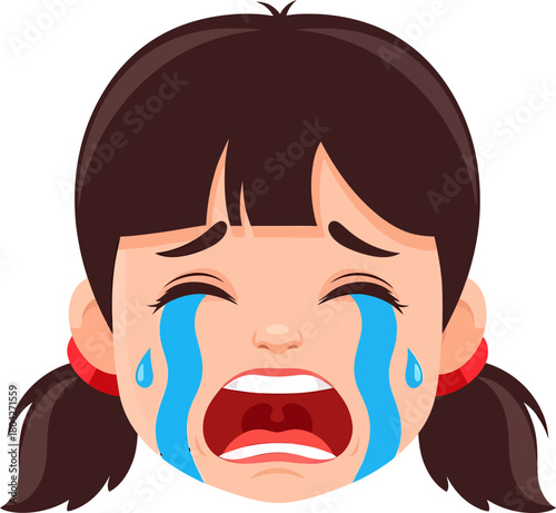 Sad Cartoon Girl Crying. Vector Illustration of a Child's Face Showing Distress and Loud Wailing.