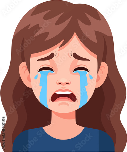 Deeply Sad Crying Woman Face. Female character avatar expressing intense grief, sorrow, and distress.