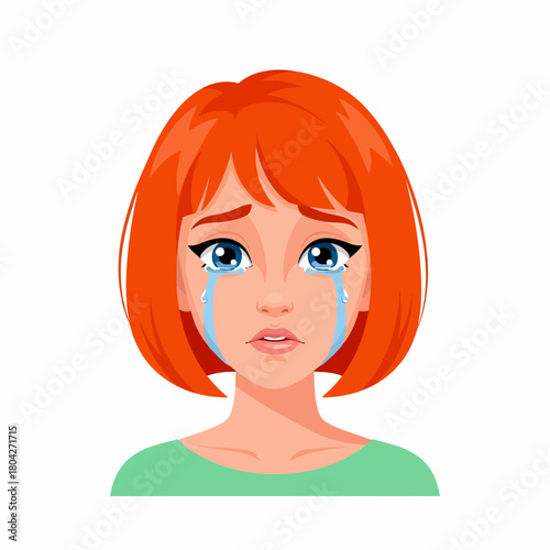 Crying woman portrait. Sad female character shedding tears. Emotional distress and grief vector illustration.