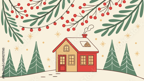 Cozy winter house scene with christmas decorations and snowcovered trees