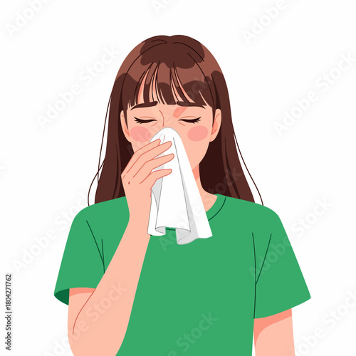 Young Woman Blowing Nose: Vector Illustration of Sickness Symptoms, Cold, Flu, or Allergy Management with Tissue
