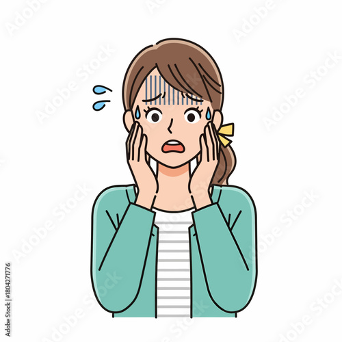 Cartoon of an anxious and shocked young woman in distress, sweating and panicking.