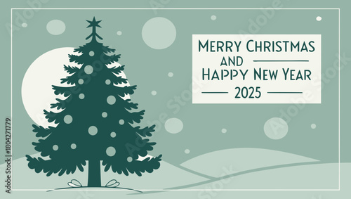 Merry christmas and happy new year 2025 greeting card with christmas tree