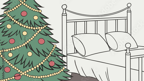 Christmas tree with ornaments next to a bed isolated on