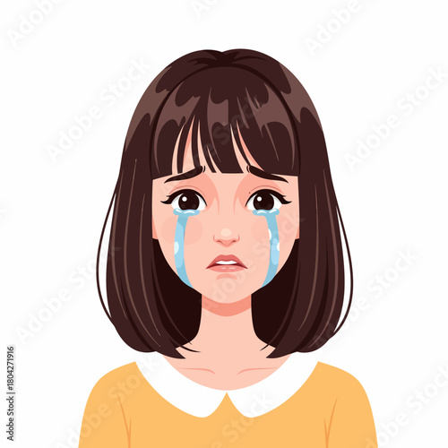 Sad Crying Woman Portrait. Vector illustration of distressed female character weeping with tears, representing sorrow and emotional pain on an isolated white background.