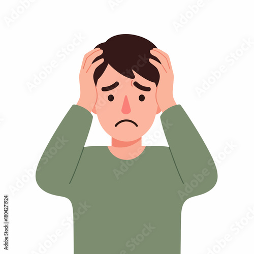 Stressed young man holding head. Frustrated or worried male suffering from headache, stress, anxiety, or mental health issue. Flat cartoon vector illustration isolated on white background.
