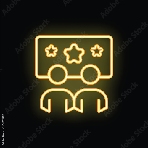 Neon sign of two businessmen standing under a board with stars on it, concept of success, teamwork, achievement