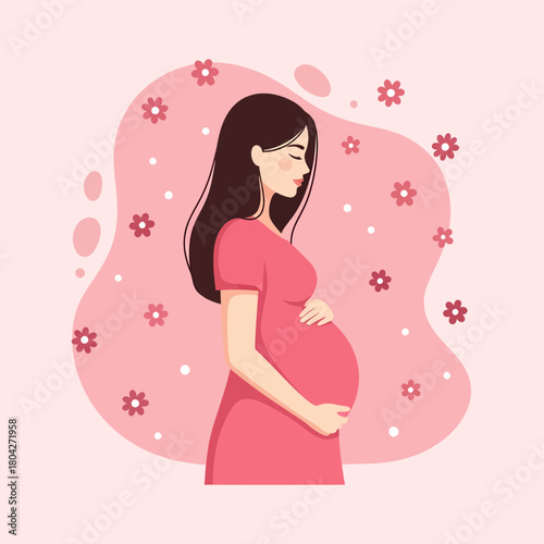 Beautiful Pregnant Woman Holding Baby Bump. Happy Maternity and Motherhood Concept Vector Illustration.