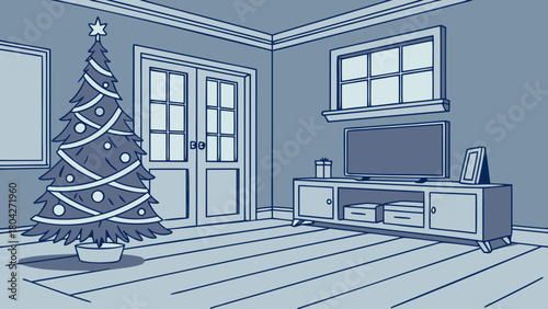 Christmas tree in a cozy living room with tv and gifts