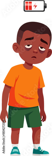 Exhausted Black Child with Low Energy Battery Symbol