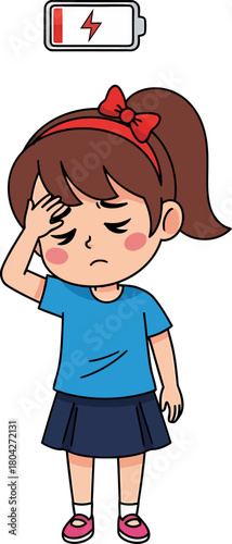 Exhausted child suffering from burnout and fatigue with low battery indicator vector illustration