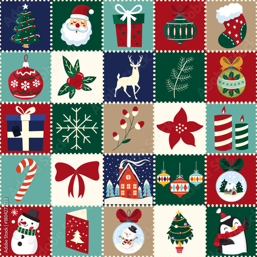 A bright and joyful Christmas patchwork illustration composed of charming holiday squares, each containing a unique festive element. The design features Christmas trees, Santa, gifts, ornaments, candl