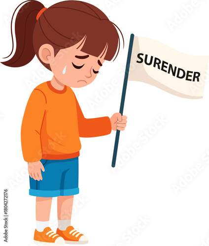 Sad Little Girl Holding Surrender Flag, Depicting Defeat and Giving Up, Vector Cartoon Illustration