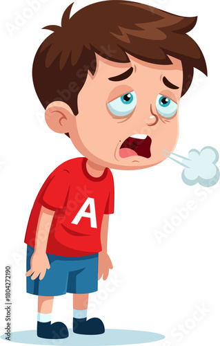 Exhausted Little Boy Vector Cartoon with Low Battery Icon