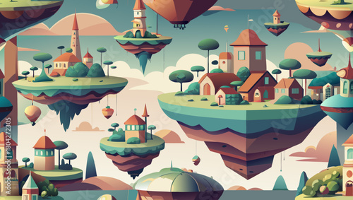 Fantasy landscape with floating islands, houses, and hot air balloons