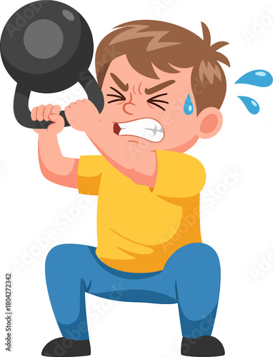 Young boy straining while doing kettlebell squats illustration