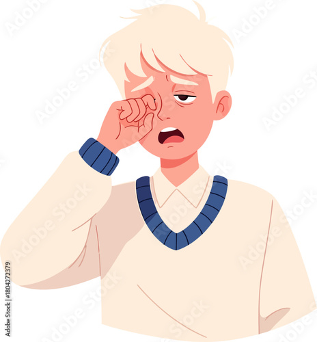 Tired Young Man Yawning and Rubbing Eye. Illustration of Sleep Deprivation, Exhaustion, or Fatigue.