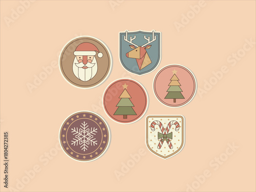 Set of Christmas Holiday Icons Including Santa, Deer, Christmas Tree, Snowflakes, and Candy Canes