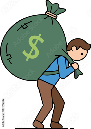 Man Carrying a Heavy Money Bag Financial Burden Concept Illustrated