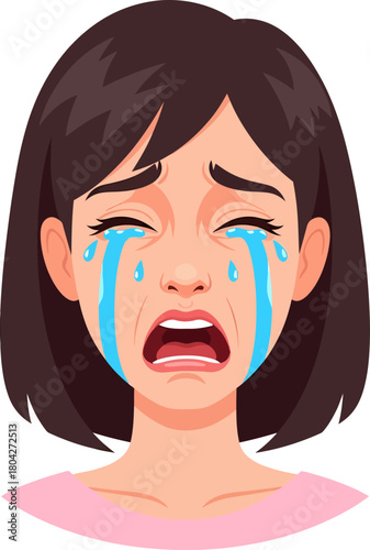Distressed woman crying intensely, vector cartoon portrait of a female face weeping with tears, expressing sadness, grief, and emotional pain