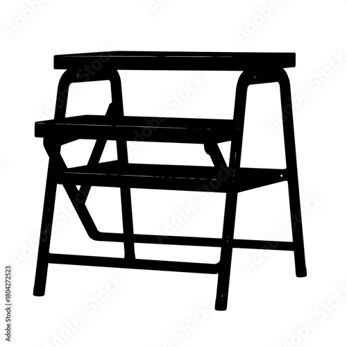 “A bold black silhouette of a two-step folding stool stands centered on a pure white background. Rendered in a flat, graphic style with no shading, the geometric structure is clean and modern, emphasi