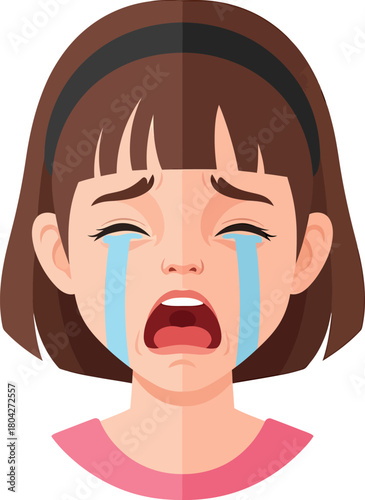 Crying Girl Face Vector Illustration. Sadness and Distress Avatar Icon.