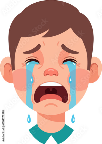 Crying Boy Face Expression. Sad Child Head Illustration Isolated on White Background.