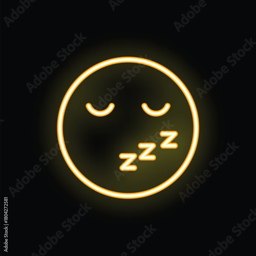 Yellow neon sign of a sleeping emoticon on a black background