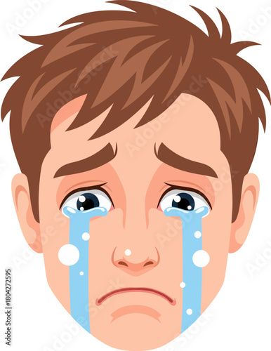 Sad Crying Man Face Vector. Emotional Male Character Weeping with Tears
