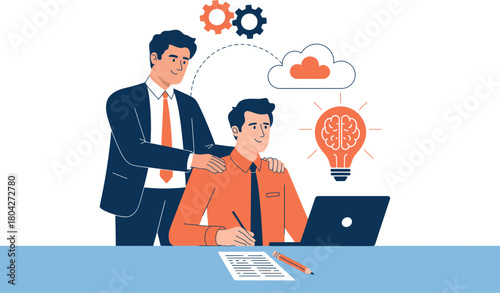 Man mentoring another in office with laptop and lightbulb