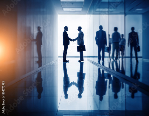 Business agreement concept showing blurred silhouette of business people shaking hands near large window in office building showing blurry cityscape. handshake, collaboration, cooperation, 