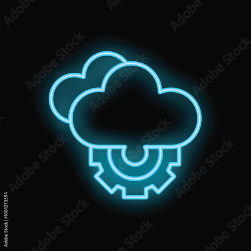 Blue neon cloud computing icon with gear representing cloud configuration glowing on a black background