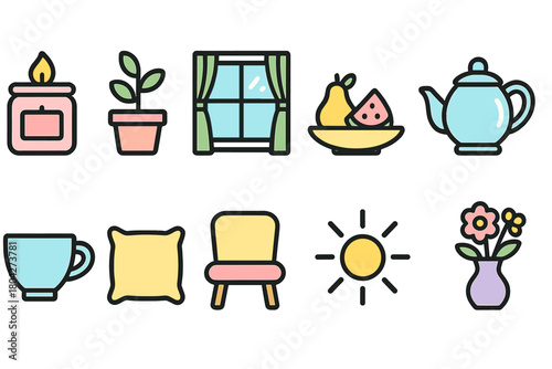 Home decor outline icon set: candle, plant, fruit, tea, cushion collection
