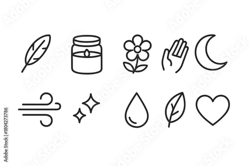 Nature and wellness outline icon set. Spa, relaxation, and mindfulness symbols