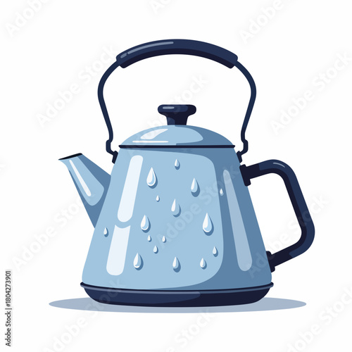 Condensation on a metal kettle flat design. Vintage camping teapot icon for hot beverages. Stylized kitchenware graphic isolated on white background