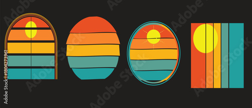 Sunset retro badge and emblem set. Abstract ocean view background inside circles shapes with geometric vintage distressed style.Retro striped sunset prints in circle shapes.