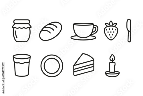 Breakfast, food outline icon set. Coffee, pastry, jam icons outline collection