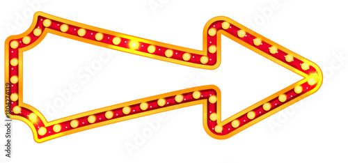 Retro arrow sign with neon marquee bulb light for carnival, theater or circus showtime. Vintage red illuminated pointer for vegas casino, billboard or broadway show promotion. Border frame isolated
